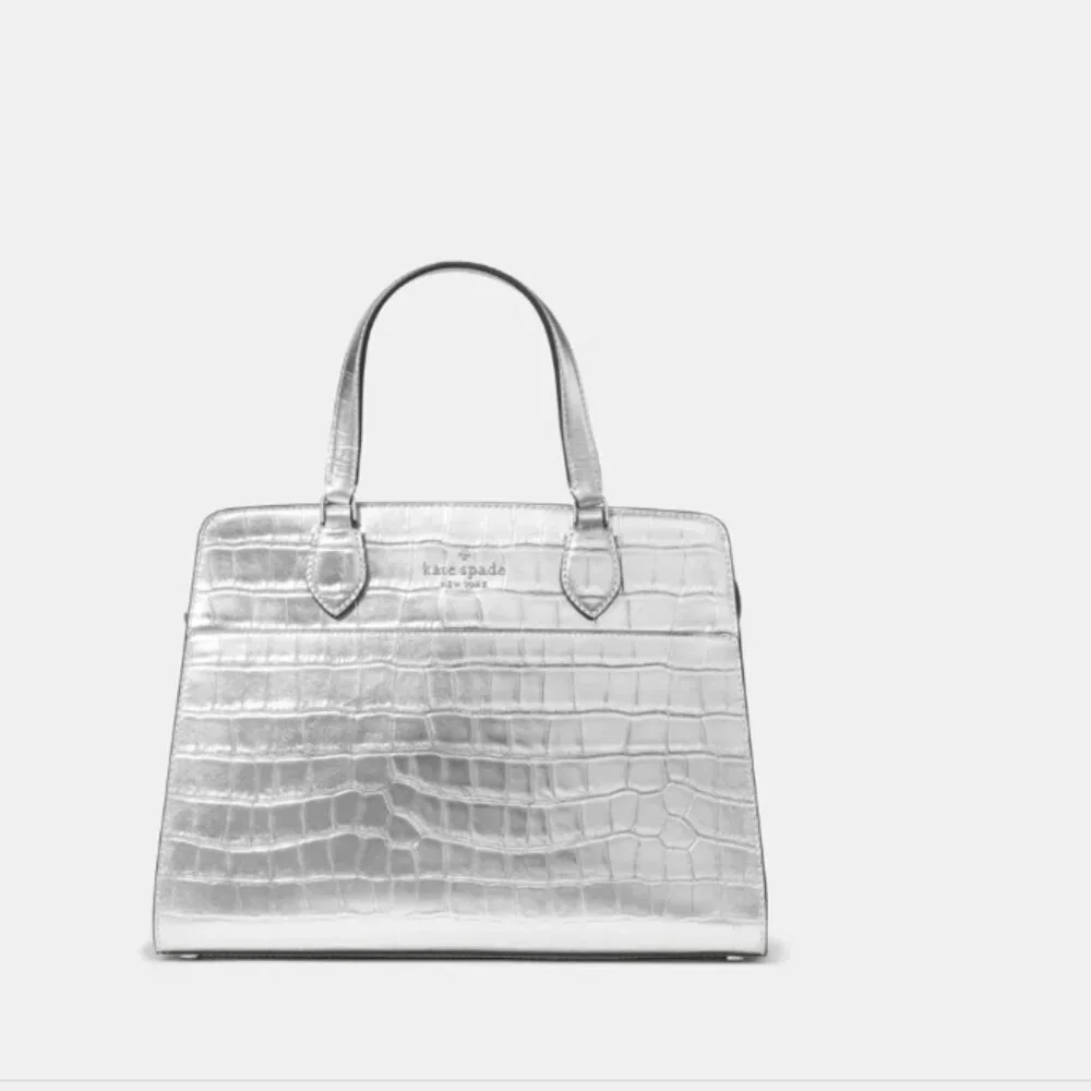 Kate Spade Madison Metallic Croc Embossed Medium Satchel – Silver – NWT
